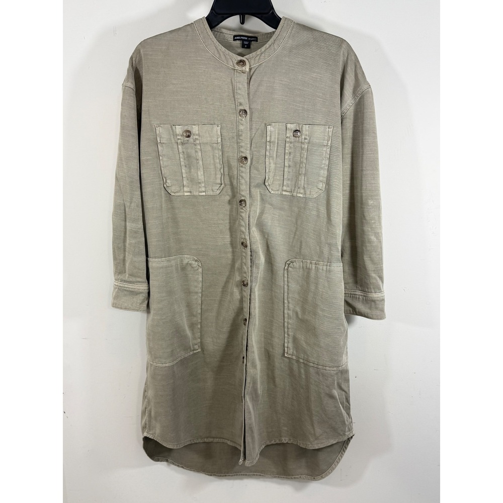 James Perse Women's 2 M Taupe Utility Shirt Dress Safari Boho Minimalist Casual